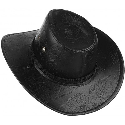 Cowboy Hats Men Women's Western PU Leather Cowboy Hat Wide Brim Outback Hat UV Protection - Black - CY18QSDI4LG $8.70