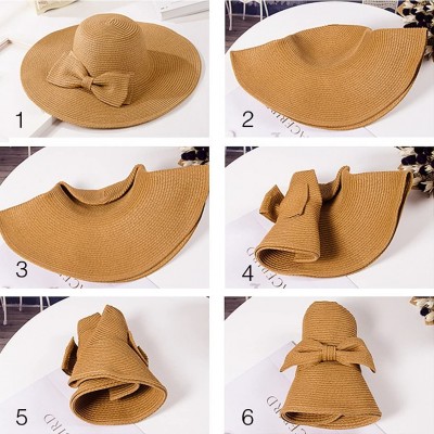 Sun Hats Women's Foldable Bowknot Floppy Straw Sun Hat Wide Brim Beach Sun Visor Hat Cap - Coffee - CY12G9HR3Q3 $14.22