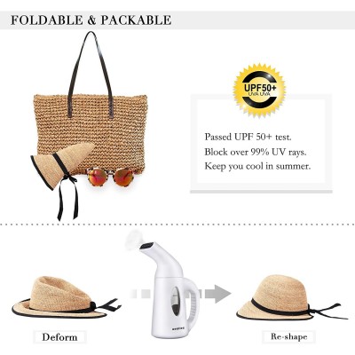 Sun Hats Womens UPF 50+ Wide Brim Panama Straw Hat Foldable Fedora Beach Sun Hat - Beige(0118) - CI18NH4SEA8 $13.64