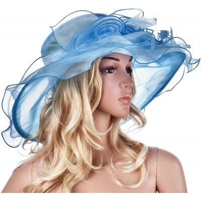 Sun Hats Womens Flower Kentucky Derby Wide Brim Church Dress Sun Hat A341 - Sky Blue - C612KDGQ943 $24.99