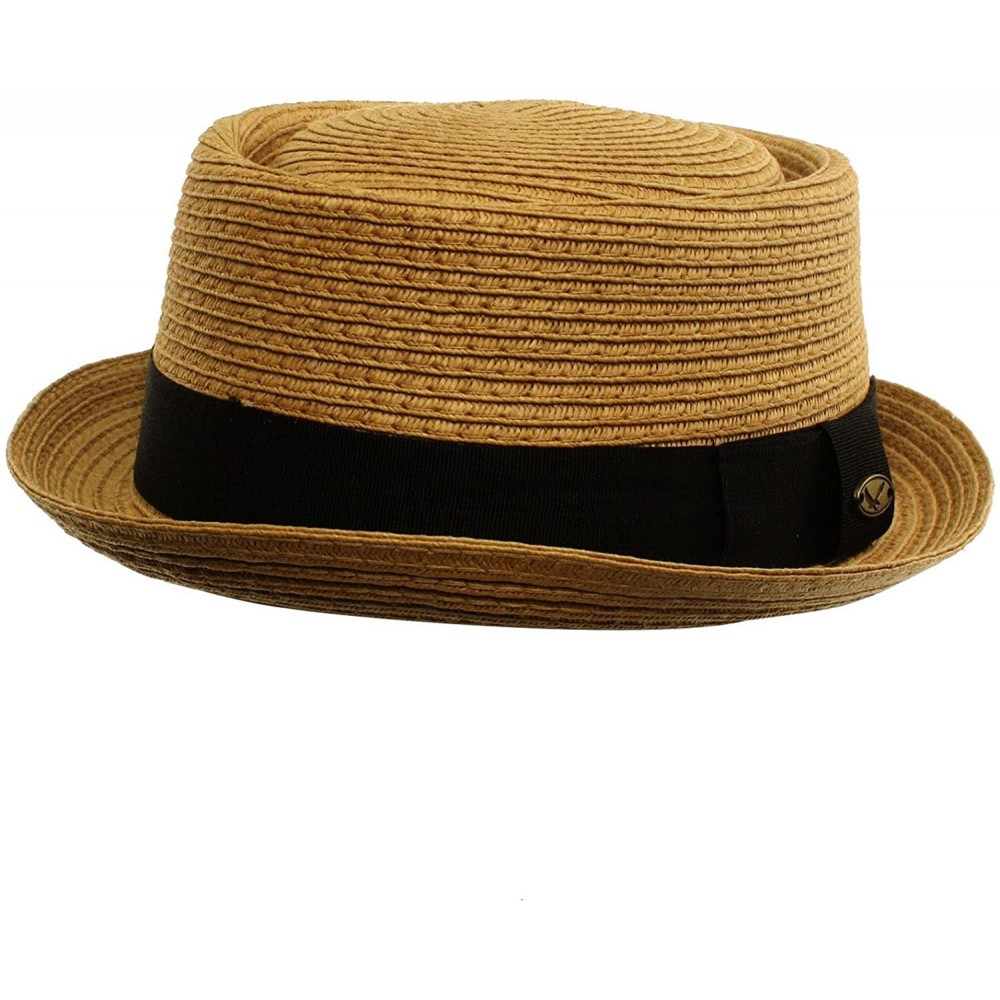 Fedoras Men's Cool Summer Straw Pork Pie Derby Fedora Upturn Brim Hat - Toast - CG11LIZ2SOJ $17.29