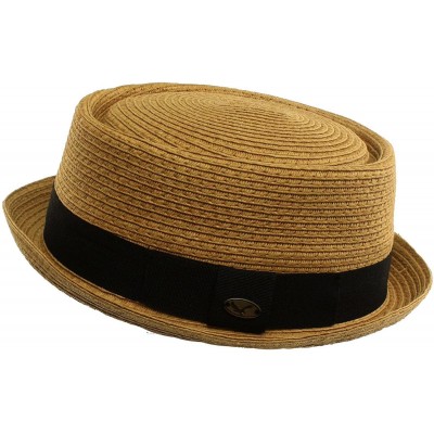 Fedoras Men's Cool Summer Straw Pork Pie Derby Fedora Upturn Brim Hat - Toast - CG11LIZ2SOJ $17.29