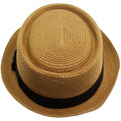 Fedoras Men's Cool Summer Straw Pork Pie Derby Fedora Upturn Brim Hat - Toast - CG11LIZ2SOJ $17.29