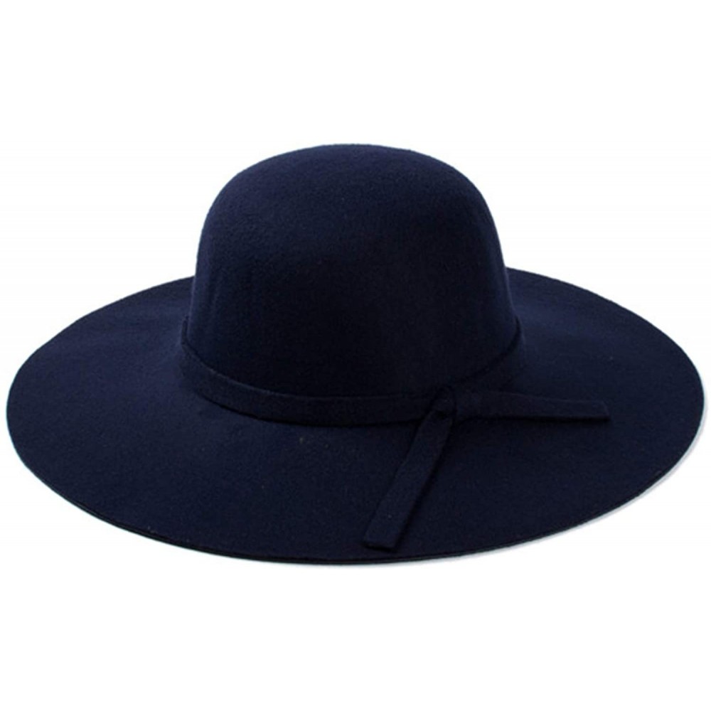 Fedoras Ladies Woolen Fedoras Hat Royal Blue Winter Elegant Vintage Hats with A Wide Brim British Bow Tie Felt Hats - CP18QE0...