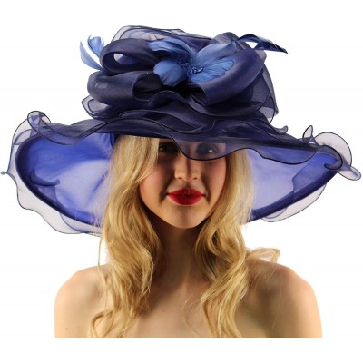 Sun Hats Superb Ruffle Edges Floral Feathers Organza Derby Floppy Wide 6" Dress Hat - Navy - CL17X6883ZZ $40.43