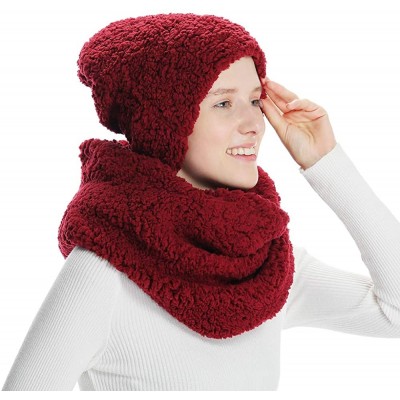 Skullies & Beanies Women Hat and Scarf Set Solid Faux Lamb Velvet Infinity Scarves Beanies Hats Winter Warm Set - Red - CU18W...