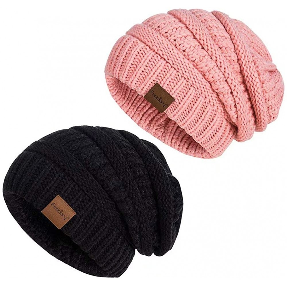 Skullies & Beanies Slouchy Beanie Hat for Women- Winter Warm Knit Oversized Chunky Thick Soft Ski Cap - Black+pink - CS18X7TW...