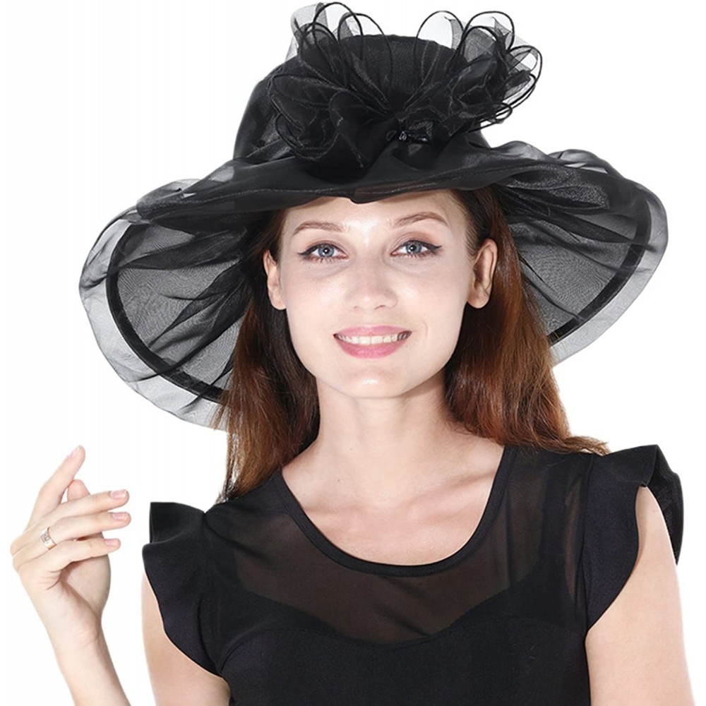 Sun Hats Women's Colorful Organza Kentucky Wide Brim Bow Derby Sun Hat - Black - CZ12GSWKQGX $10.25