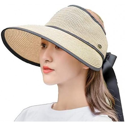 Sun Hats Women's Wide Brim Straw Sun Visor Roll-Up Foldable Sunshad Cap Beach Open Top Hat with Ribbon Binding - C718SM8CNX0 ...