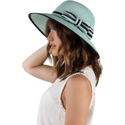 Sun Hats Ladies Women Straw Panama Summer Beach Sun Hat Trilby Fedora w- Bow Band - Teal - C417YQY3G68 $11.14