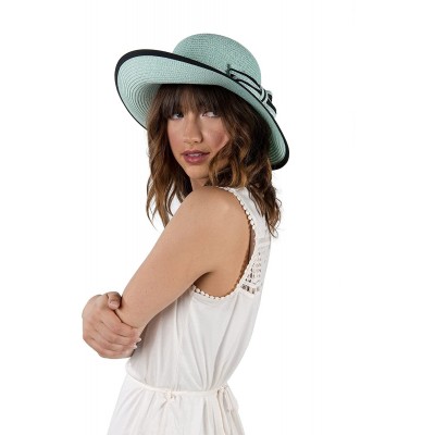 Sun Hats Ladies Women Straw Panama Summer Beach Sun Hat Trilby Fedora w- Bow Band - Teal - C417YQY3G68 $11.14