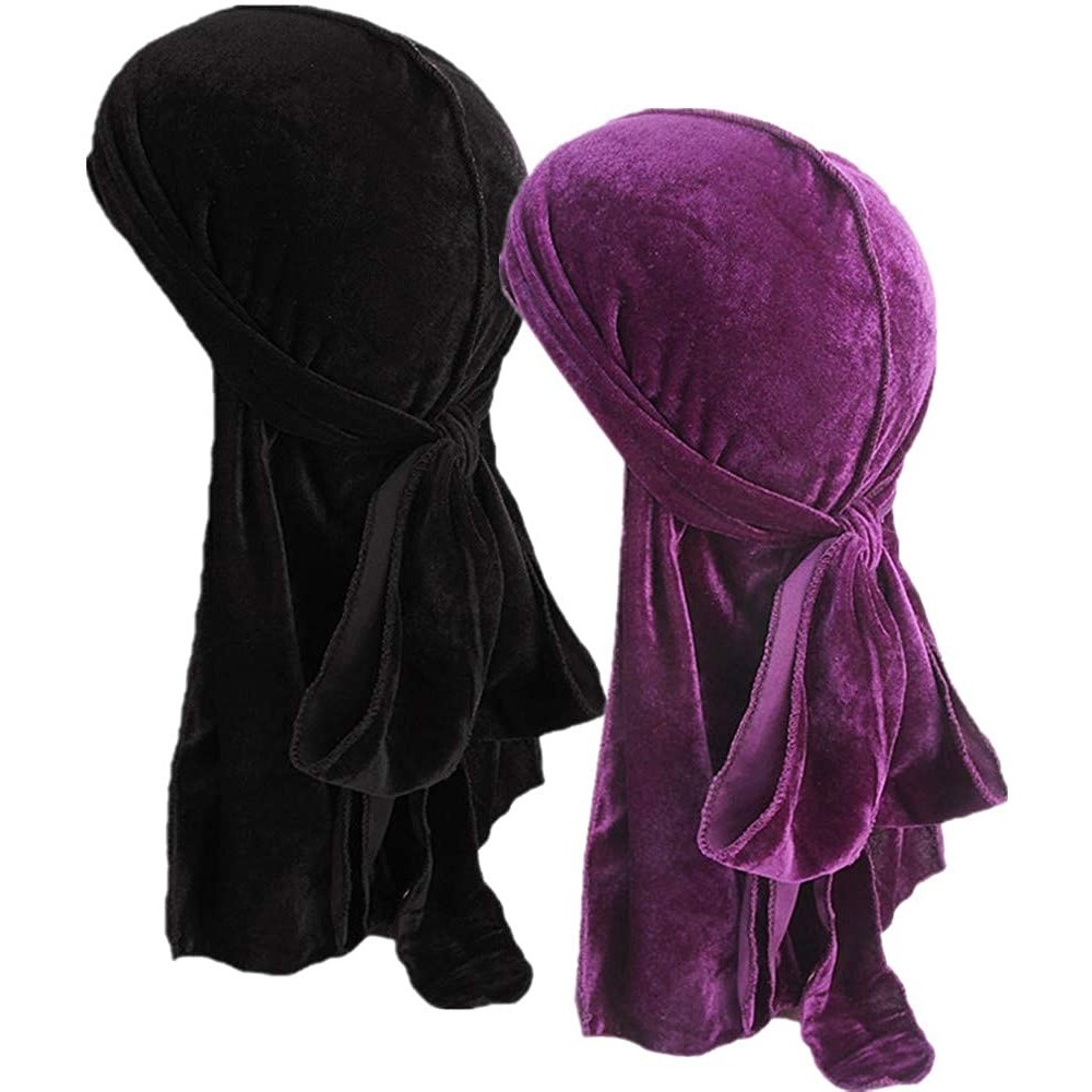 Skullies & Beanies Unisex Velvet Deluxe Durag for 360 Waves Headwraps Extra Long-Tail Straps Du-RAG - Velvet Black + Purple -...