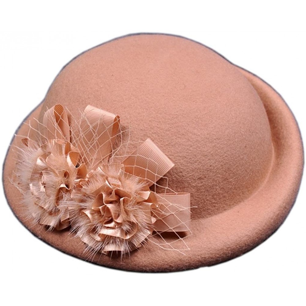 Berets Womens 100% Wool Veil Flower Pillbox Hat Winter Hat Crimping Beanie Hat - Light Tan - C418776ERK2 $17.15