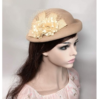 Berets Womens 100% Wool Veil Flower Pillbox Hat Winter Hat Crimping Beanie Hat - Light Tan - C418776ERK2 $17.15