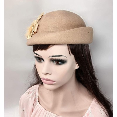 Berets Womens 100% Wool Veil Flower Pillbox Hat Winter Hat Crimping Beanie Hat - Light Tan - C418776ERK2 $17.15