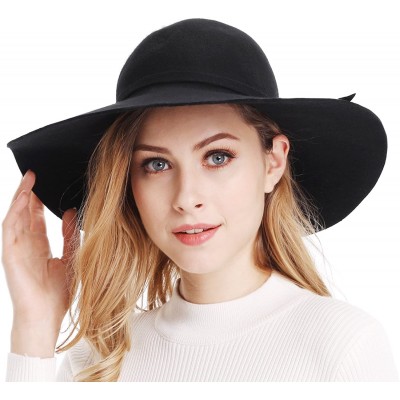 Sun Hats Women's Wide Brim Wool Ribbon Band Floppy Hat - Black - CK11N7Q029P $17.38