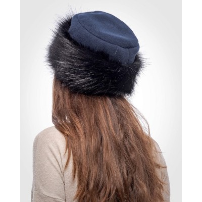 Bomber Hats Faux Fur Trimmed Winter Hat for Women - Classy Russian Hat with Fleece - Navy Blue - Black Fox - CC192L9TXAN $26.00