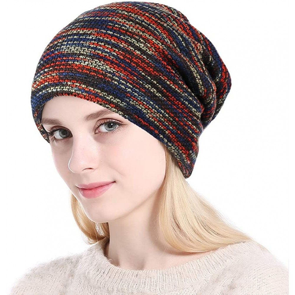 Skullies & Beanies Soft Striped Slouchy Beanie Hat Cap Winter Knit Soft Cozy Skull Cap for Women and Girls - Red - CC18XT05TD...