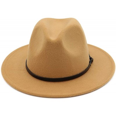 Fedoras Women's Classic Wide Brim Wool Fedora Panama Hat with Belt Buckle - Camel - CD18I8HLH47 $13.71