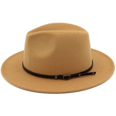 Fedoras Women's Classic Wide Brim Wool Fedora Panama Hat with Belt Buckle - Camel - CD18I8HLH47 $13.71