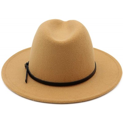 Fedoras Women's Classic Wide Brim Wool Fedora Panama Hat with Belt Buckle - Camel - CD18I8HLH47 $13.71