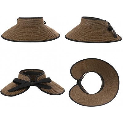 Sun Hats Rollup Straw Sun Visor Foldable Wide Brim Travel Hat Freesize Ponytail Fashion - 00765_brown - CP18T93ILRH $14.43