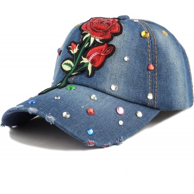 Baseball Caps 200 Bling Jewel Rhinestone Rose Patch Washed Denim Baseball Cap - 18. Rose Jewel-2 - CS18RG46DZ6 $10.91