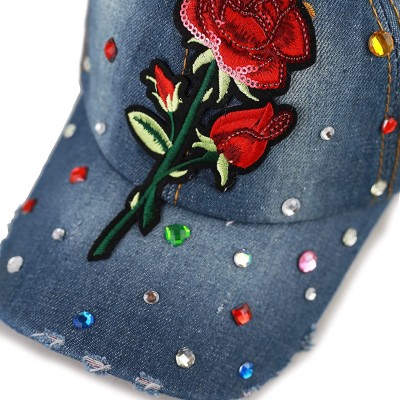 Baseball Caps 200 Bling Jewel Rhinestone Rose Patch Washed Denim Baseball Cap - 18. Rose Jewel-2 - CS18RG46DZ6 $10.91