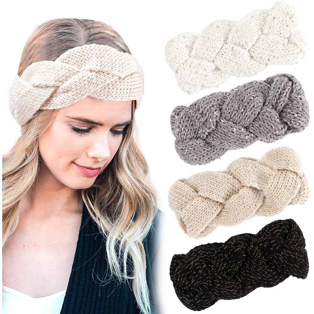 Cold Weather Headbands 4 Pack Knitted Sequin Headband Warm Crochet Chunky Ear Warmer for Women Teen Girls - CJ18YQCR580 $10.24