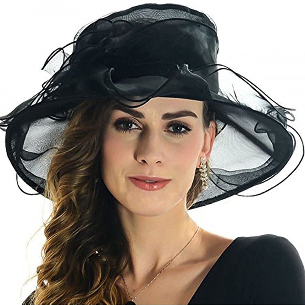 Sun Hats Womens Kentucky Derby Summer Wide Brim Organza Church Party Hats - Black - C518CTND4A2 $11.63