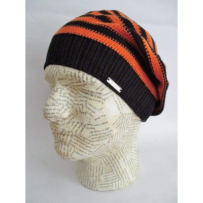 Skullies & Beanies M-147 Slouchy Spring Striped Oversized Beret for Teens and Men - Orange/Black - CN123P3CRMJ $16.53