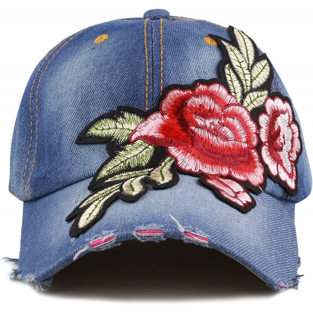 Baseball Caps 200 Bling Jewel Rhinestone Rose Patch Washed Denim Baseball Cap - 15. Rose Patch-3 - CK18RE3UTU3 $11.60