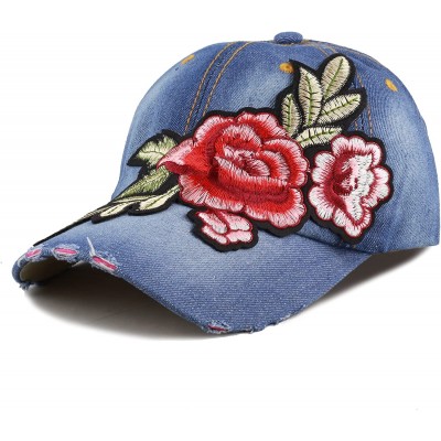 Baseball Caps 200 Bling Jewel Rhinestone Rose Patch Washed Denim Baseball Cap - 15. Rose Patch-3 - CK18RE3UTU3 $11.60