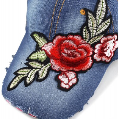 Baseball Caps 200 Bling Jewel Rhinestone Rose Patch Washed Denim Baseball Cap - 15. Rose Patch-3 - CK18RE3UTU3 $11.60