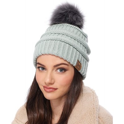 Skullies & Beanies Women's Soft Stretch Cable Knit Warm Skully Faux Fur Pom Pom Beanie Hats - Mint - CK18GQQEIKL $12.62