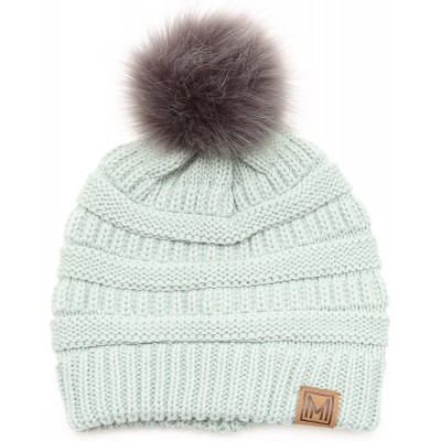 Skullies & Beanies Women's Soft Stretch Cable Knit Warm Skully Faux Fur Pom Pom Beanie Hats - Mint - CK18GQQEIKL $12.62