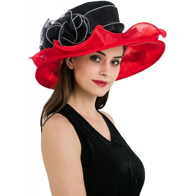 Sun Hats Women's Kentucky Derby Church Summer Organza Wide Brim Party Wedding Hat - Red and Black - CP12O7LIJ75 $23.22