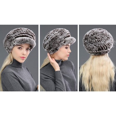 Skullies & Beanies Women's Real Rex Rabbit Fur Hat with Visor Knit Cap Winter Warm - Coffee - CJ18UXDNMIH $29.22