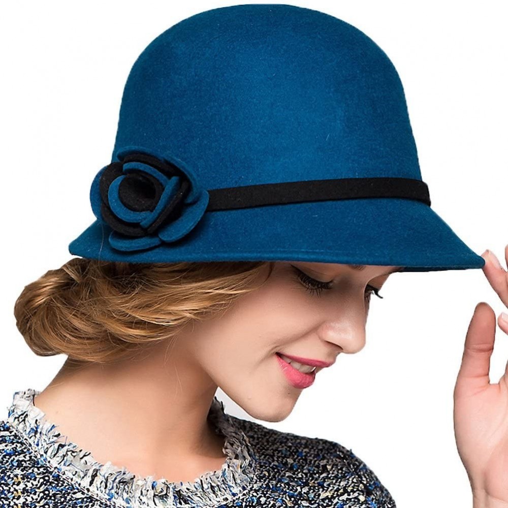 Fedoras Women's Bow Wool Felt Bucket Hat - Blue - C2128NIYRHJ $30.65