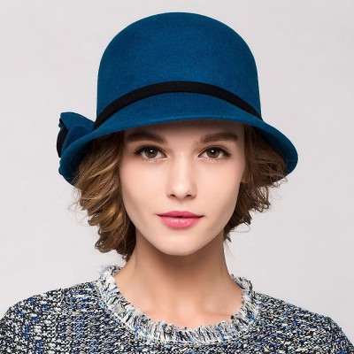 Fedoras Women's Bow Wool Felt Bucket Hat - Blue - C2128NIYRHJ $30.65