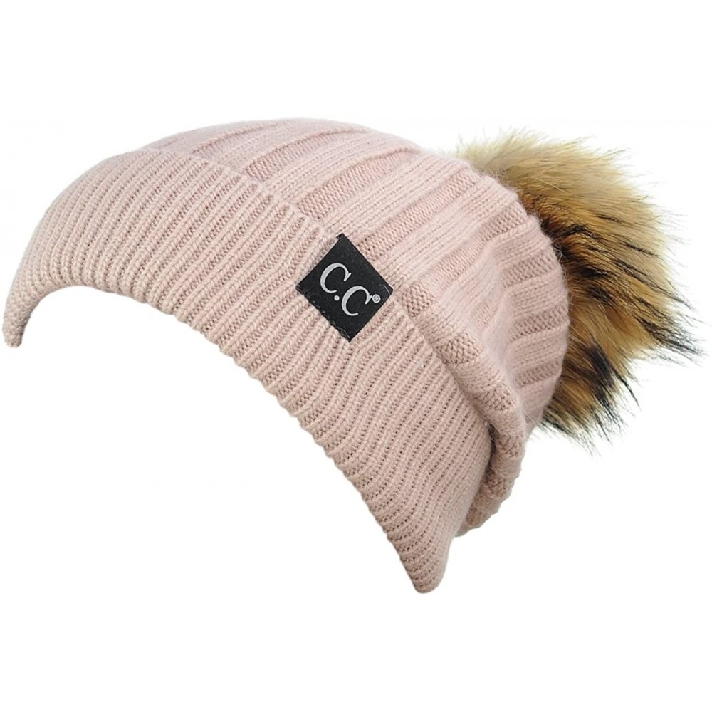 Skullies & Beanies Angora Knit Natural Fox Fur Pom Cuff Beanie Hat w/Black Label - Dusty Rose - C112NESR6MZ $32.51