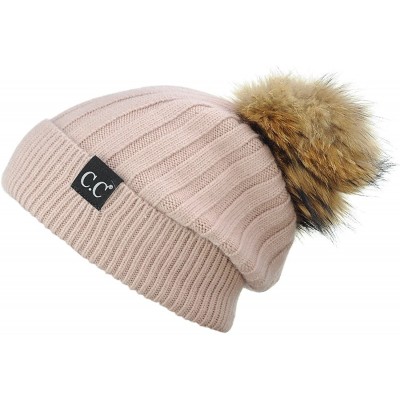 Skullies & Beanies Angora Knit Natural Fox Fur Pom Cuff Beanie Hat w/Black Label - Dusty Rose - C112NESR6MZ $32.51