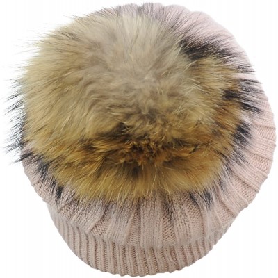 Skullies & Beanies Angora Knit Natural Fox Fur Pom Cuff Beanie Hat w/Black Label - Dusty Rose - C112NESR6MZ $32.51