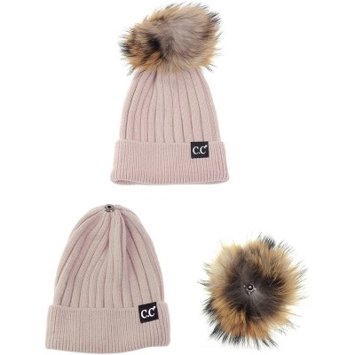 Skullies & Beanies Angora Knit Natural Fox Fur Pom Cuff Beanie Hat w/Black Label - Dusty Rose - C112NESR6MZ $32.51