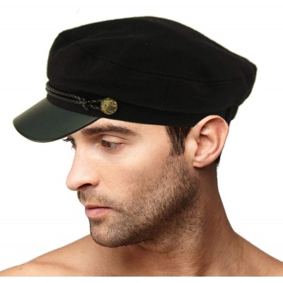 Newsboy Caps Men's Wool Faux Leather Greek Fisherman Sailor Fiddler Driver Hat Flat Cap - Black/Black - C318LIC7LED $12.77