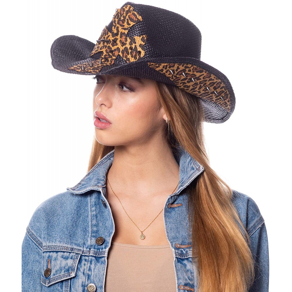 Cowboy Hats Men's & Women's Western Style Cowboy/Cowgirl Straw Hat - Cow1803 Black/Leapard - CB18QN0C7D4 $10.89