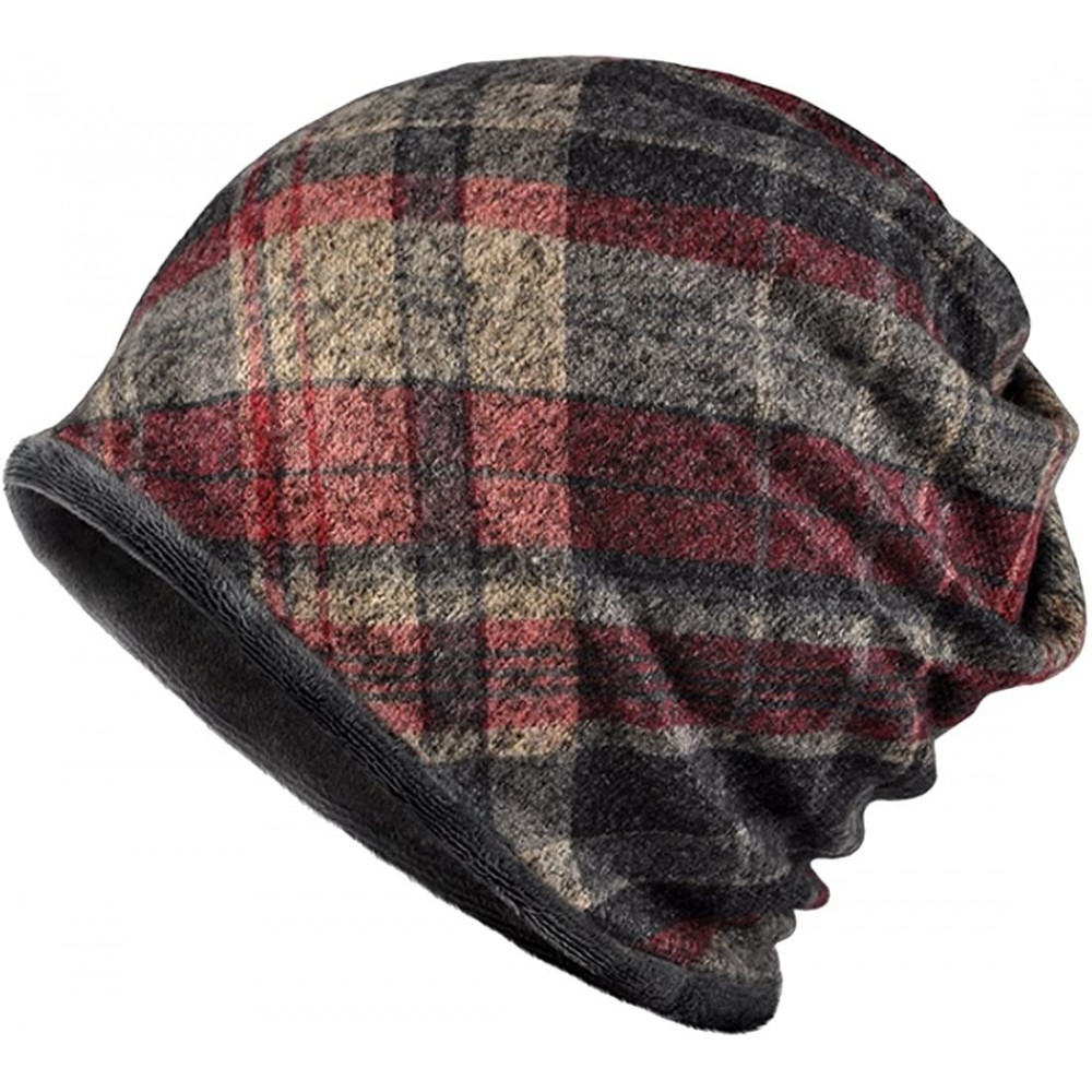 Skullies & Beanies Women's Multifunction Plaid Plus Cashmere Hat Skull Cap Scarf - Red - CL18805Z4OK $8.46