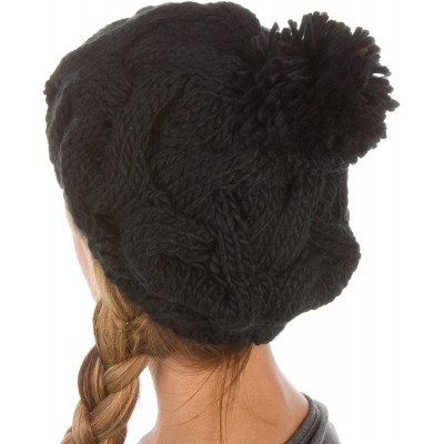 Skullies & Beanies Cable Knit Pom Pom Thick Slouch Hat - Black - CL116WFNWPT $8.61