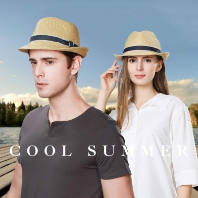 Fedoras Packable Straw Fedora Panama Sun Summer Beach Hat Cuban Trilby Men Women 55-61cm - 89600-beige - CQ18O3QK3GR $20.36