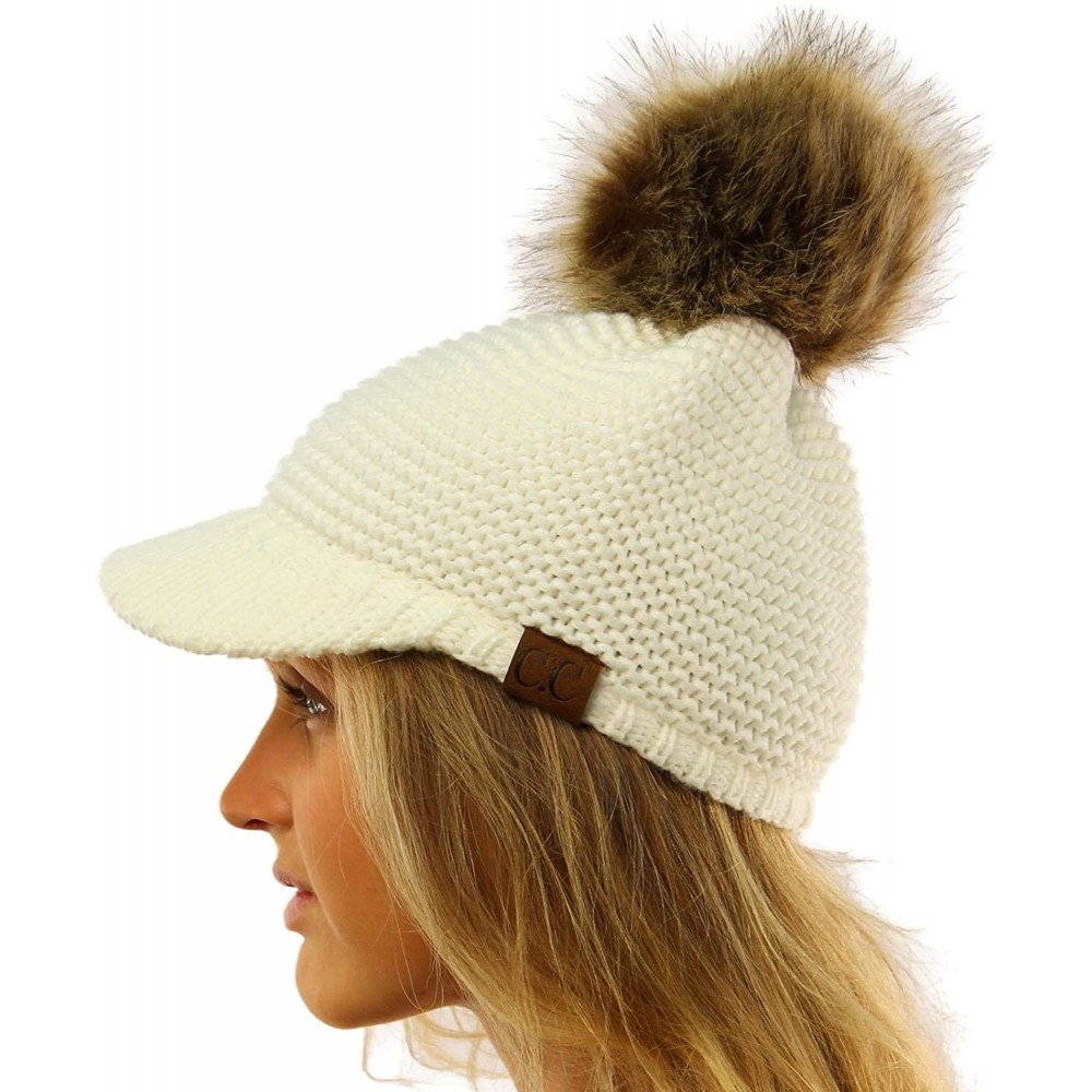 Skullies & Beanies Fur Pom Pom Visor Bill UV Sun Thick Stretchy Knit Beanie Skully Cap Hat - Ivory - CE12KAN18QR $11.91